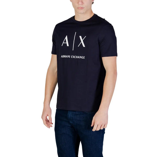 bleu marine Armani Exchange T-shirt homme en coton, col rond, logo AX blanc imprimé sur la poitrine