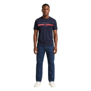 Armani Exchange T-shirt homme bleu en coton, col rond et bande logo rouge et blanche sur la poitrine