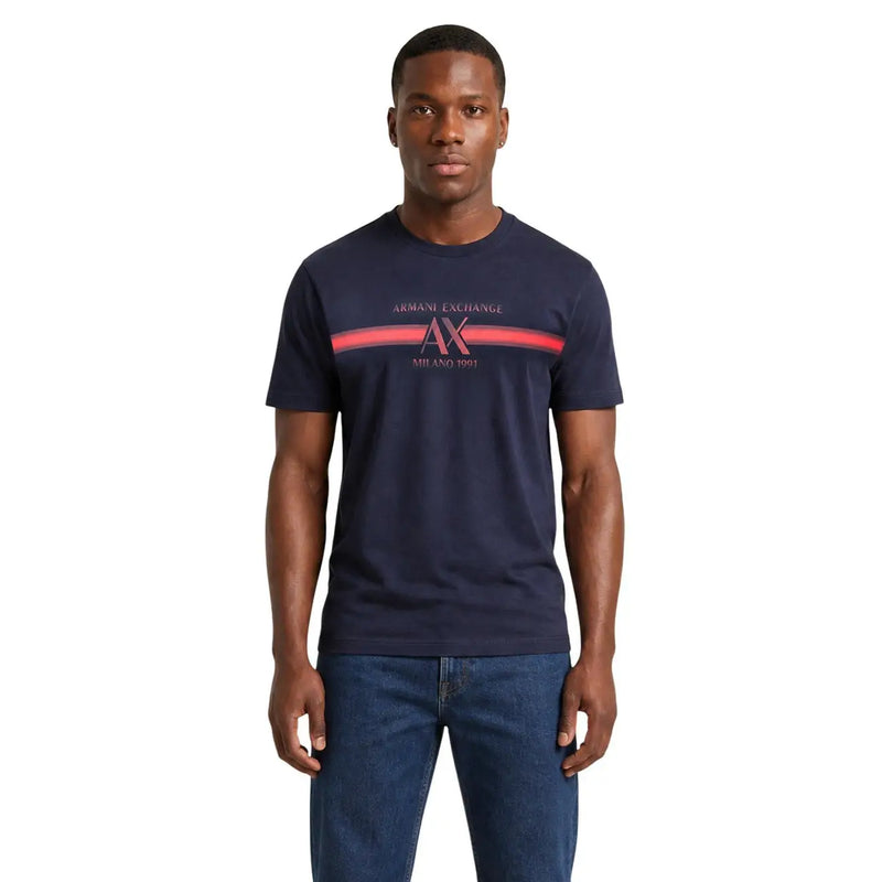 bleu marine armani exchange T-shirt homme en coton, col rond et bande logo rouge et blanche sur la poitrine