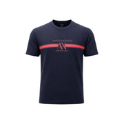 Armani Exchange T-shirt homme bleu en coton, col rond, large bande rouge et logo hache sur la poitrine