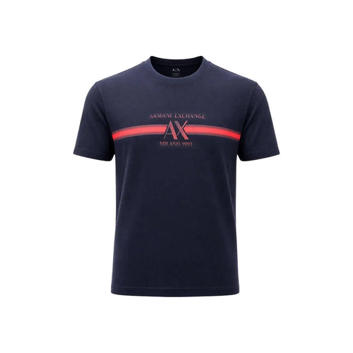 Armani Exchange T-shirt homme bleu en coton, col rond, large bande rouge et logo hache sur la poitrine