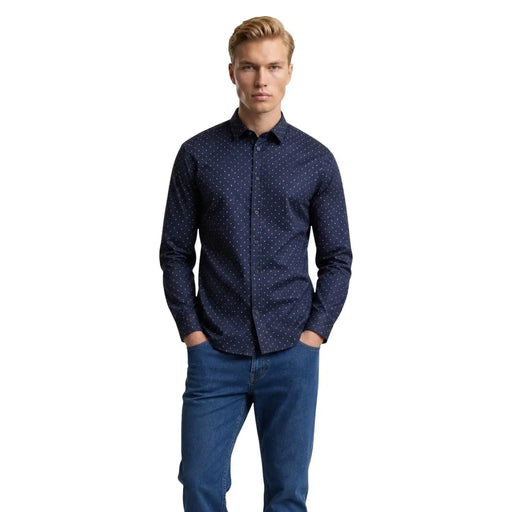 Armani Exchange Chemise homme bleue à manches longues en coton, à pois blancs discrets et fermeture boutonnée sur le devant