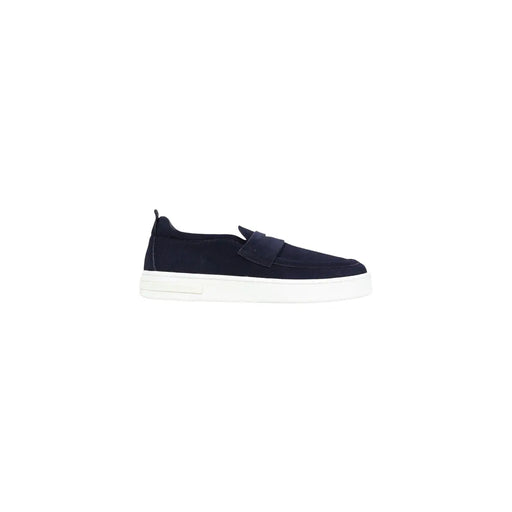 Armani Exchange men blue leather slip on sporty sneaker in navy blue suede with white rubber sole