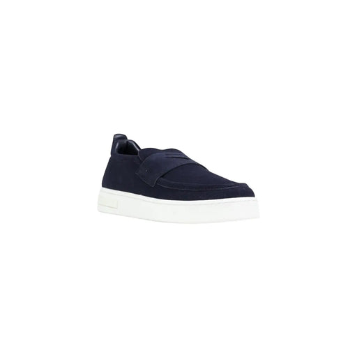 Armani Exchange men blue leather slip on sporty sneaker with navy blue suede upper and white platform sole