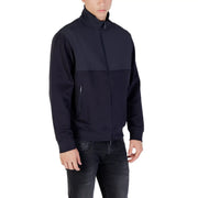 Armani Exchange men black zip-up jacket with two-tone design featuring smooth upper panel and textured lower body