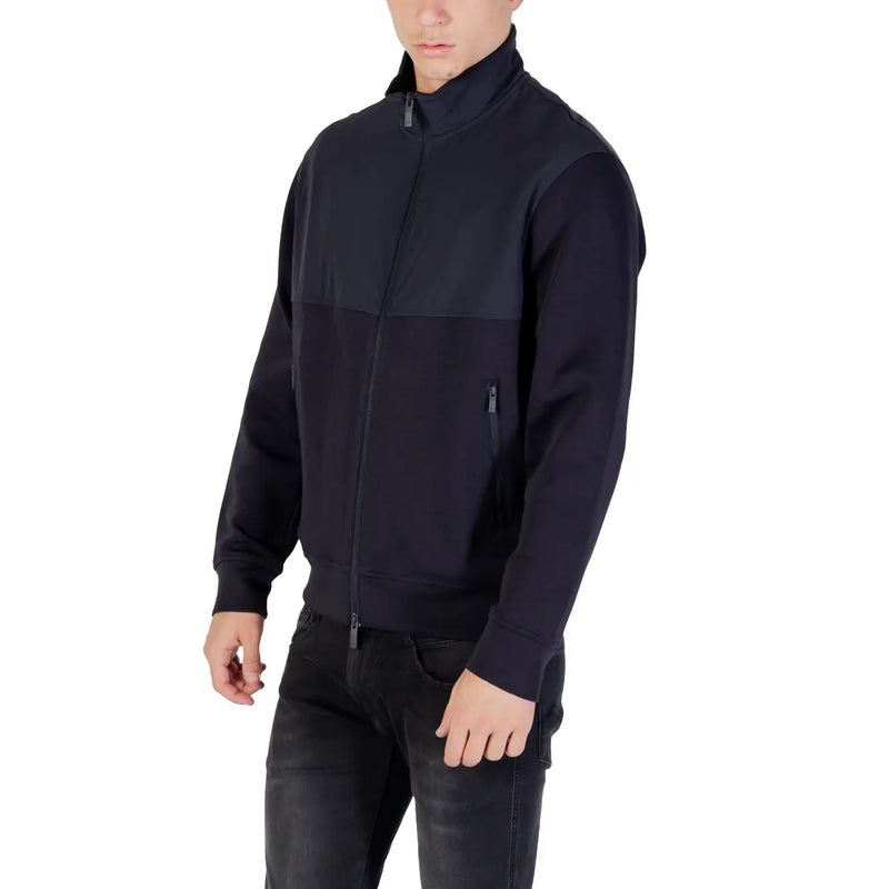 Armani Exchange men blue long zip front pocket blazer with black zip-up jacket featuring dark gray chest panel and zipper pulls