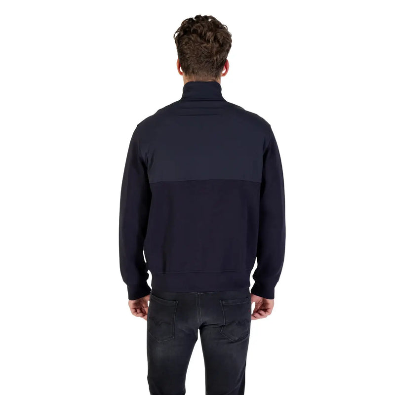 Armani Exchange men blue long zip front pocket blazer in navy blue two-tone with ribbed cuffs and hem