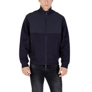 Armani Exchange men blue long zip front pocket blazer with two-tone navy panels and zip-up track jacket design