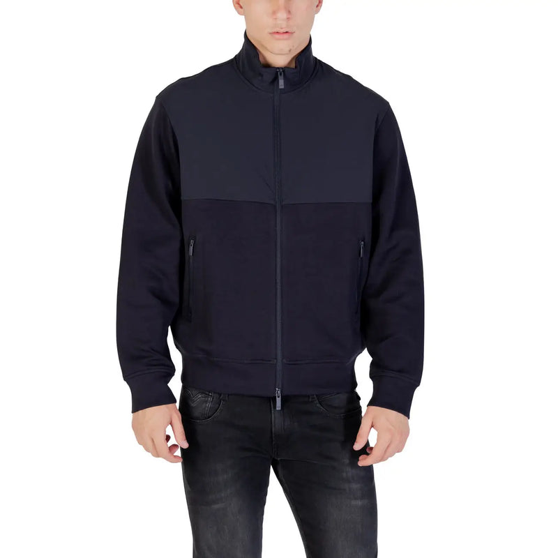 Armani Exchange men blue long zip front pocket blazer with two-tone navy panels and zip-up track jacket design
