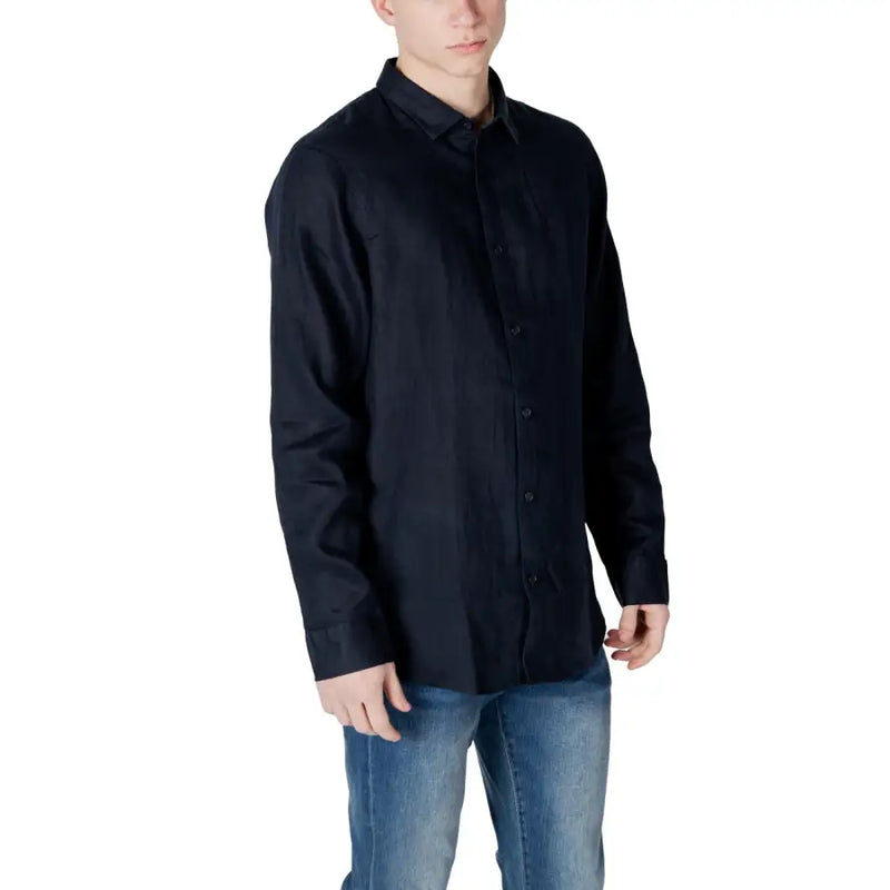 Black long-sleeved button-up shirt with classic collar and texture for men by Armani Exchange spring summer collection