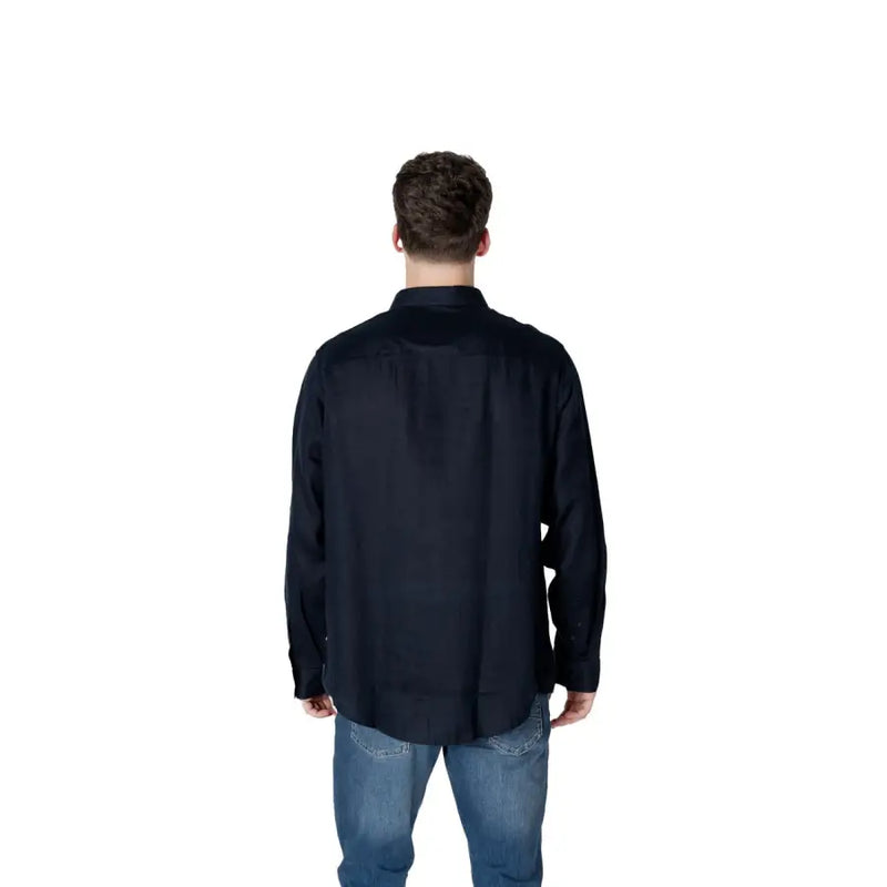 Armani Exchange men blue plain linen long-sleeved shirt with classic collar and tailored fit for spring summer