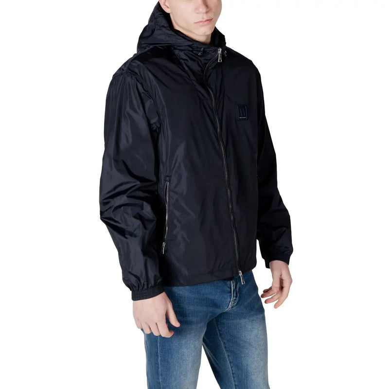 Armani Exchange Blazer à capuche bleu pour homme en polyamide avec finition nylon brillant et détails de fermeture éclair discrets.