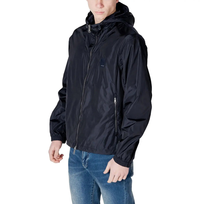 Armani Exchange Blazer à capuche bleu pour homme en polyamide, avec tissu brillant résistant à l'eau et fermetures éclair argentées.