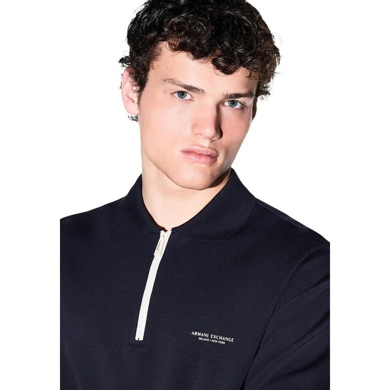 Armani Exchange Sweat-shirt bleu marine pour homme en mélange modal, style polo, fermeture éclair blanche et logo brodé