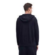 Armani exchange Sweat-shirt bleu pour homme en mélange de polyester avec capuche noire, tissu doux et fines rayures blanches sur les manches.