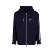 Armani Exchange Sweat-shirt bleu marine pour homme, en mélange de polyester, à capuche zippée, avec rayures blanches sur les manches et logo brodé.