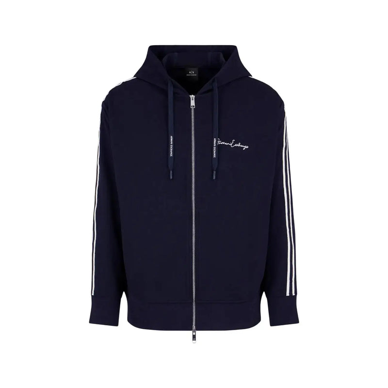 Armani Exchange Sweat-shirt bleu marine pour homme, en mélange de polyester, à capuche zippée, avec rayures blanches sur les manches et logo brodé.