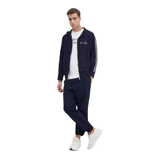 Armani Exchange Ensemble sweat-shirt bleu marine à fermeture éclair pour homme, en polyester mélangé, avec rayures blanches et pantalon de survêtement assorti.