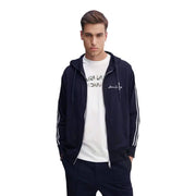 bleu marine Armani Exchange Sweat-shirt à capuche zippé bleu pour homme, en mélange de polyester, avec rayures blanches sur les manches et logo brodé.