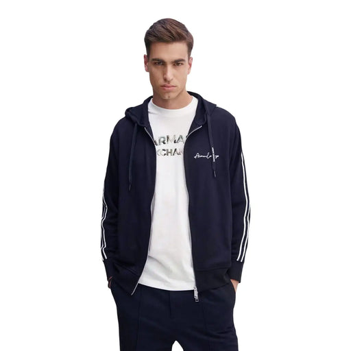 bleu marine Armani Exchange Sweat-shirt à capuche zippé bleu pour homme, en mélange de polyester, avec rayures blanches sur les manches et logo brodé.
