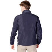 Armani Exchange men blue zip blazer lightweight polyester jacket with navy blue and subtle white collar trim