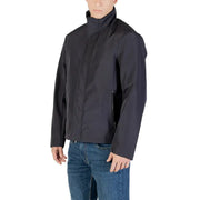 Armani exchange Blazer bleu zippé pour homme, col roulé en polyester, veste noire à col montant et détails de fermeture éclair discrets.