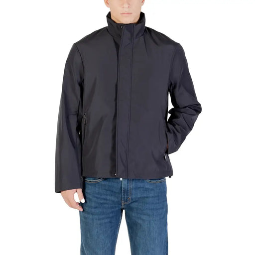 Veste en nylon noir à col montant et poches zippées assorties armani exchange Blazer bleu zippé pour homme, col roulé en polyester.