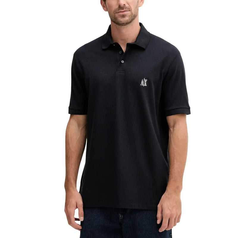 Black Armani Exchange cotton polo shirt with subtle white logo on left chest short sleeve for men