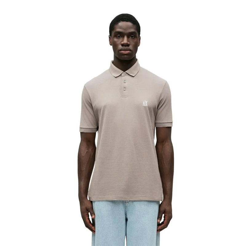 Beige Armani Exchange men brown cotton polo shirt with short sleeves and a subtle embroidered chest logo