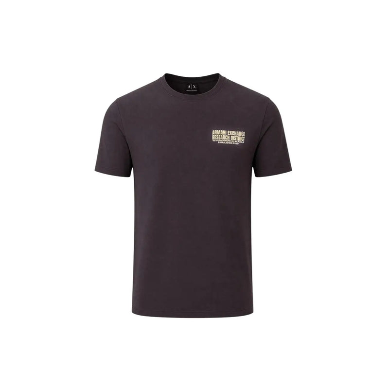 Armani Exchange T-shirt homme en coton marron, orné d'un motif imprimé blanc et doré sur la poitrine gauche, en tissu gris foncé.