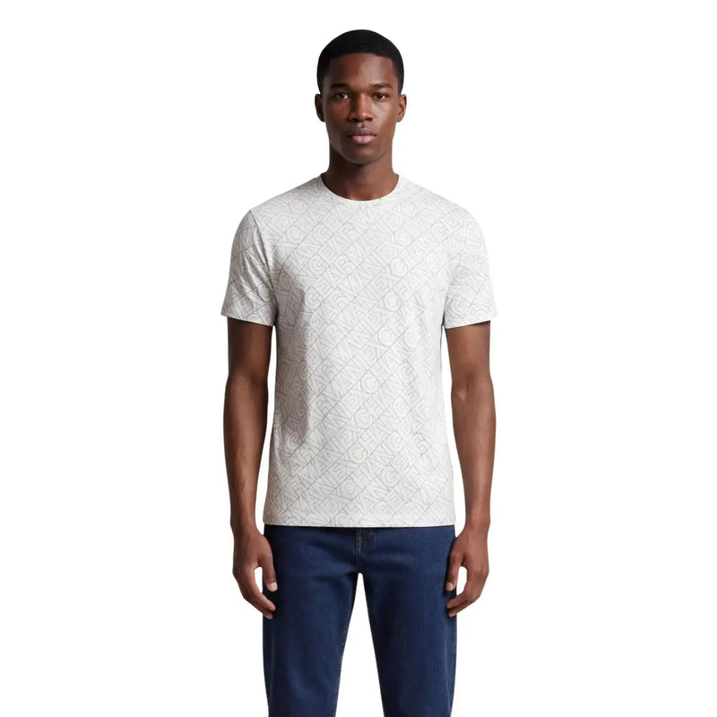 Armani Exchange men white t-shirt featuring a subtle repeating calvin klein logo pattern, comfortable cotton fabric