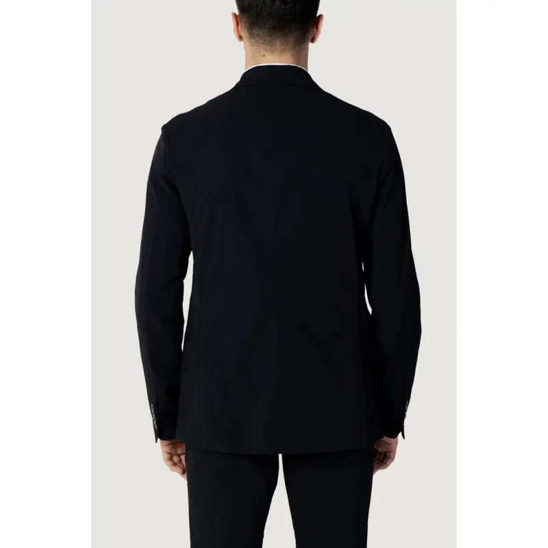 Armani exchange Blazer en coton pour homme, col à revers bleu, veste de costume noire cintrée, col blanc et poignets boutonnés.