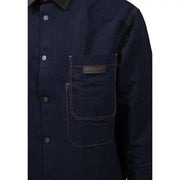 Armani Exchange Chemise homme en coton bleu classique à manches longues, en tissu bleu marine foncé, coutures beiges et empiècement en cuir marron