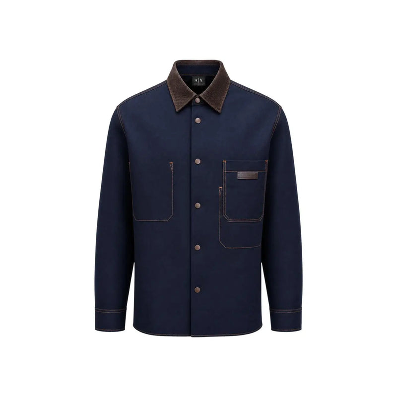 Armani Exchange Chemise homme en coton bleu classique à manches longues, corps bleu marine, col et boutons en velours côtelé marron