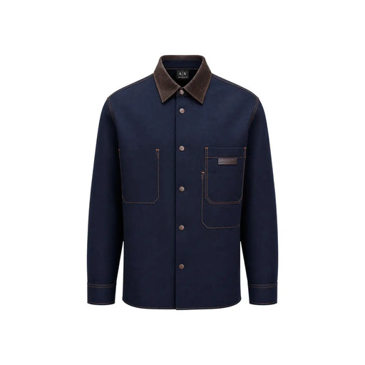 Armani Exchange Chemise homme en coton bleu classique à manches longues, corps bleu marine, col et boutons en velours côtelé marron