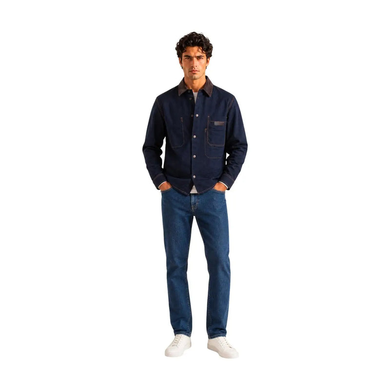 Armani Exchange Chemise homme en coton bleu classique à manches longues avec veste en jean bleu marine, col et finitions de poche marron foncé