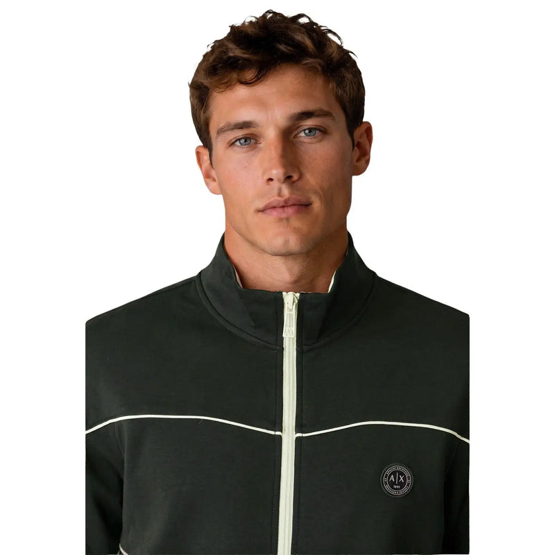 Armani Exchange Sweat à capuche zippé en coton vert pour homme, avec tissu vert foncé, fermeture éclair et finitions blanches.