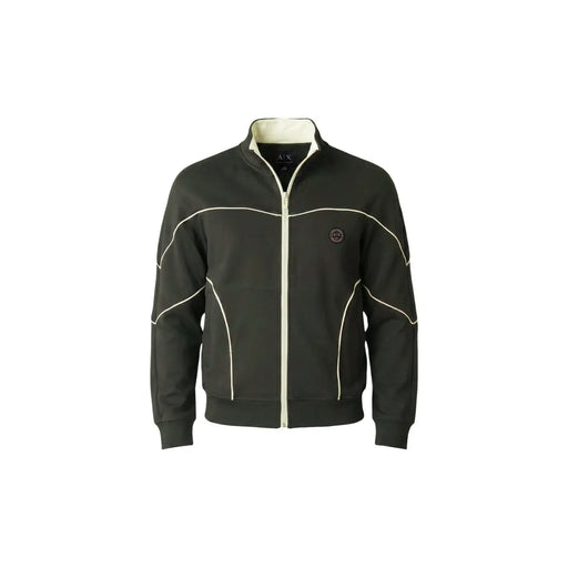 Armani Exchange Veste de survêtement zippée en coton vert pour homme, avec surpiqûres contrastantes crème et logo brodé sur la poitrine.