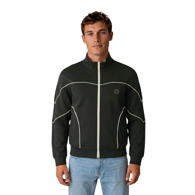 Armani Exchange Veste de survêtement zippée en coton vert pour homme, avec liseré blanc et logo circulaire sur la poitrine gauche.