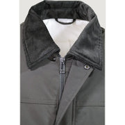 Armani Exchange Blazer vert en polyester pour homme, col en velours côtelé gris foncé, fermeture éclair et boutons-pression argentés.