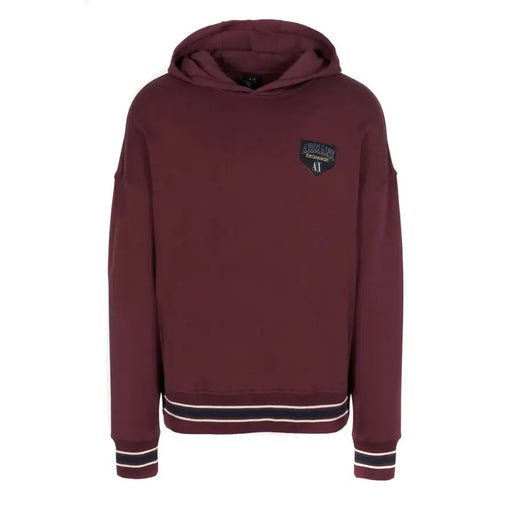 Armani Exchange men hooded bordeaux sweatshirt with front pockets, maroon color, black white striped cuffs and logo patch