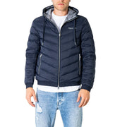 Armani Exchange Doudoune à capuche pour homme, bleu marine, en polyester, avec capuche doublée de gris et fermetures éclair argentées.