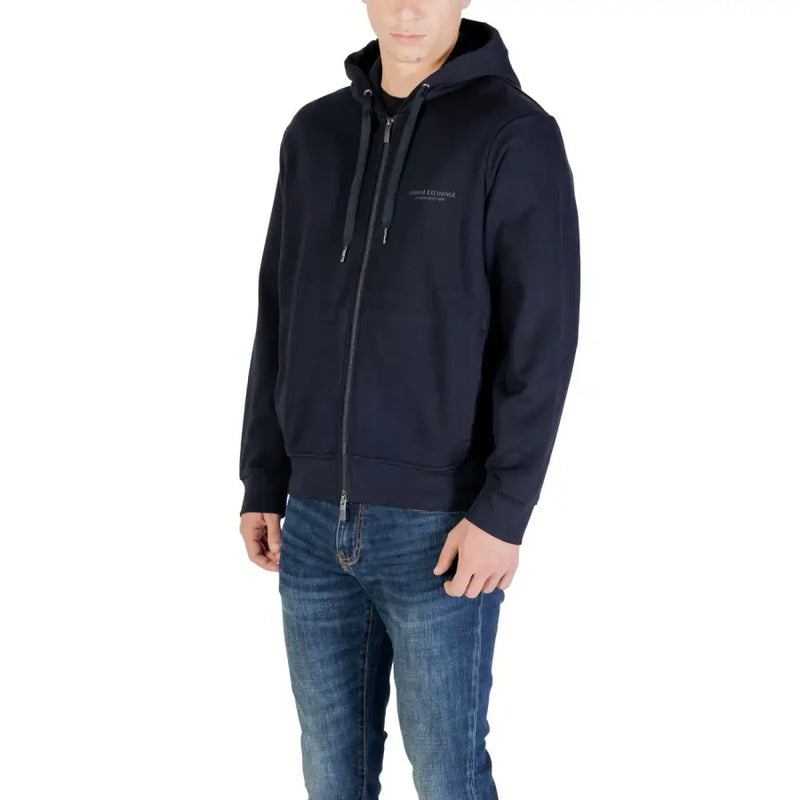 Armani Exchange Sweat à capuche homme bleu en coton, fermeture éclair, cordons de serrage bleu marine et logo discret brodé sur la poitrine