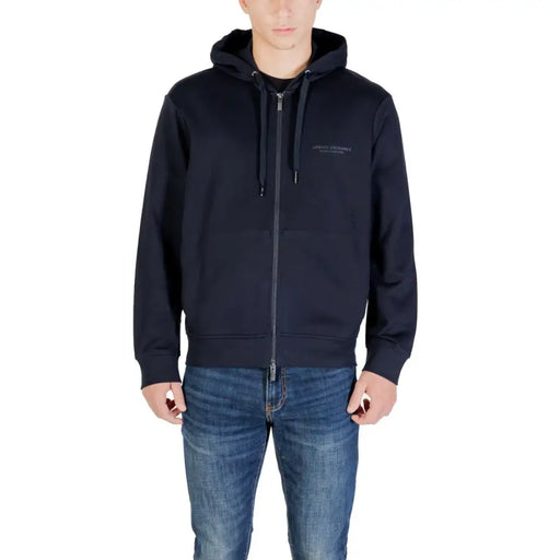 Armani Exchange Sweat à capuche homme bleu en coton zippé avec logo brodé discret sur la poitrine