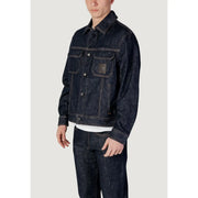 Armani Exchange Veste homme bleue classique en denim indigo foncé mélangé coton, fermeture boutonnée et poches poitrine cousues