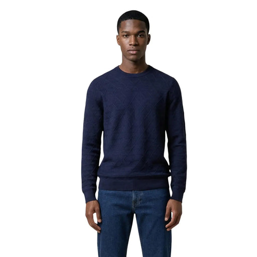 Armani Exchange men knitwear navy blue crewneck sweater with subtle diamond pattern and long sleeves