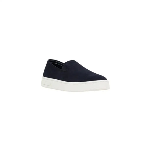 daim bleu marine Armani Exchange Mocassin en cuir pour homme, à enfiler, avec semelle plateforme blanche, pointure 45 (vue de face).