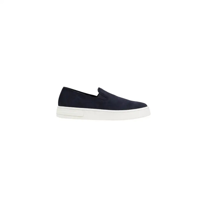 daim bleu marine Armani Exchange Mocassins en cuir pour homme, baskets sans lacets avec semelle en caoutchouc blanc, pointure 45.