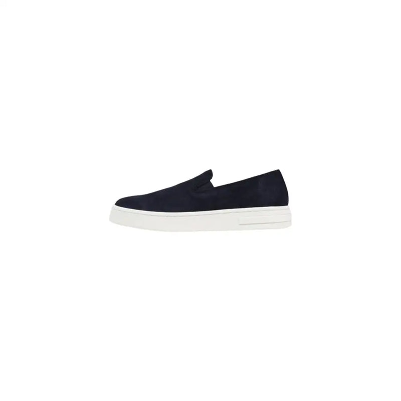 Armani Exchange Mocassins en cuir pour homme, en daim bleu marine, à enfiler, avec semelle plateforme blanche, pointure 45.