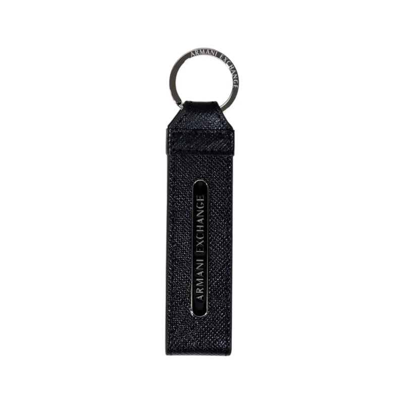 Black textured leather keychain with silver metal ring and embossed armani exchange branding for men leather wallet
